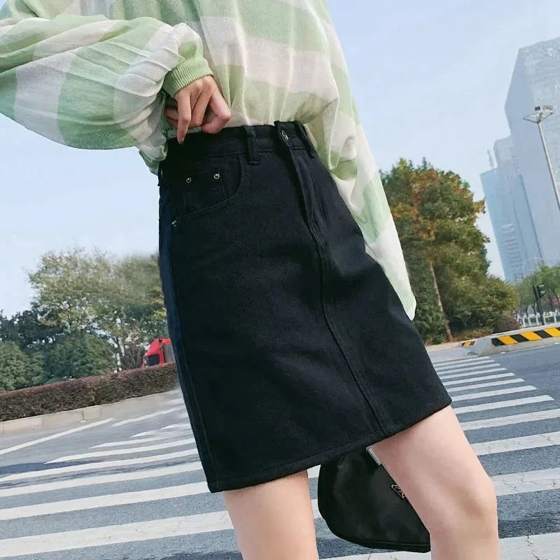 Lucyever Korean Women's Denim Skirt 2024 Summer High Waist A Line Mini Skirt Female Casual Pocket Solid Simple Jeans Skirt