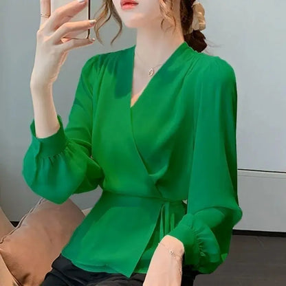 Shirt Temperament Long Sleeved Autumn Top Solid Color Year Lace Up Women's New Collection Waist Cross Chiffon Shirt Fashionable