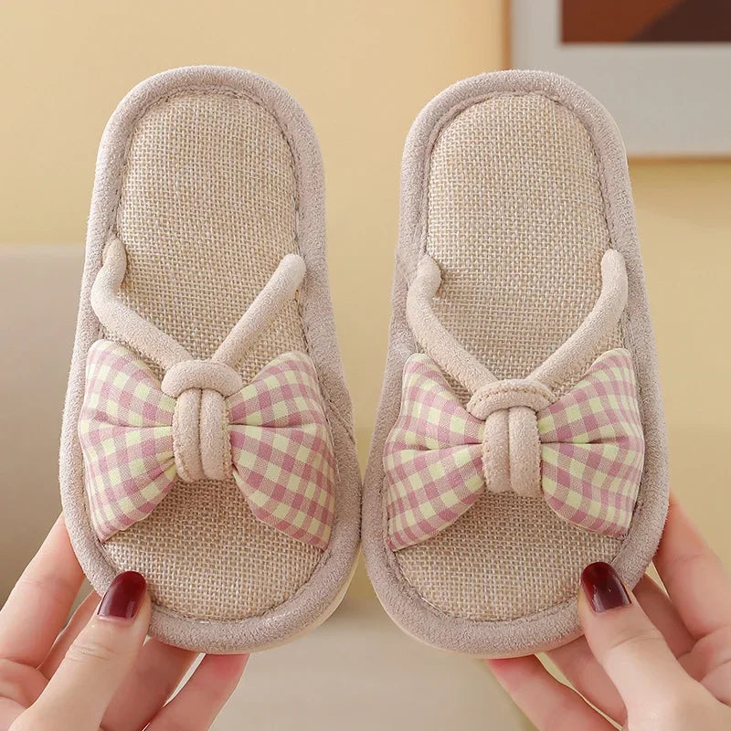 Children Linen Slippers Korean Bow Open Toe Girls Shoes Spring Summer Comfort Soft Sole Home Shoes Indoor Non-slip Floor Slipper