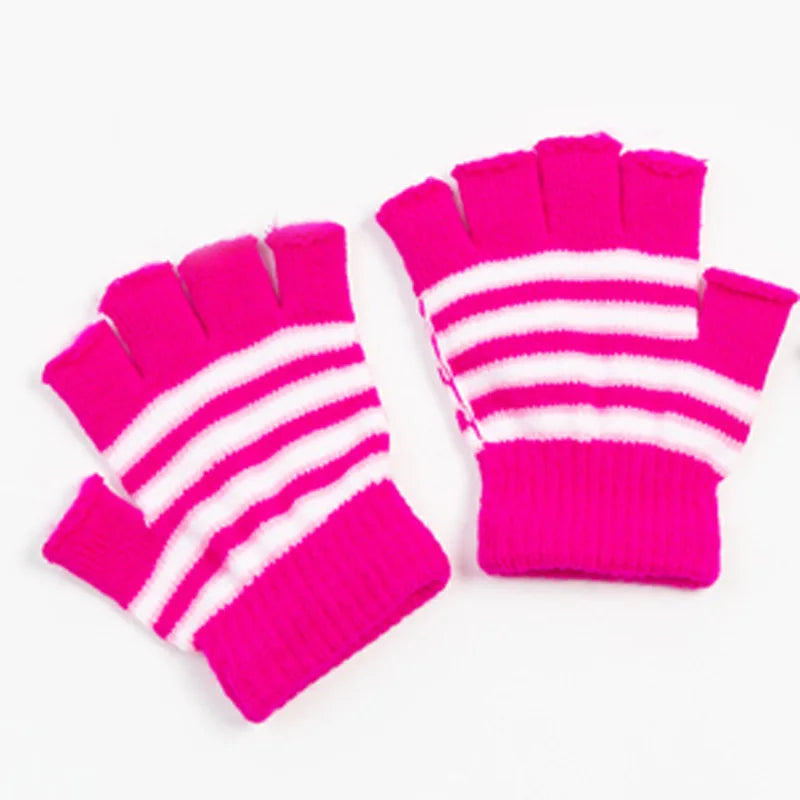 Striped Knitted Thick Warm Gloves Kids Winter Soft Mittens Children Half Finger Gloves 7-10 Years