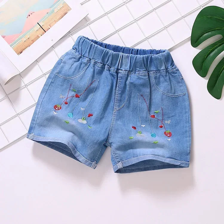 Girls Shorts Jeans Kids Eastic Band Short Pant 2024 Summer 2 To 12 Yrs Children's Clothing Teenagers Cartoon Embroidery Trousers