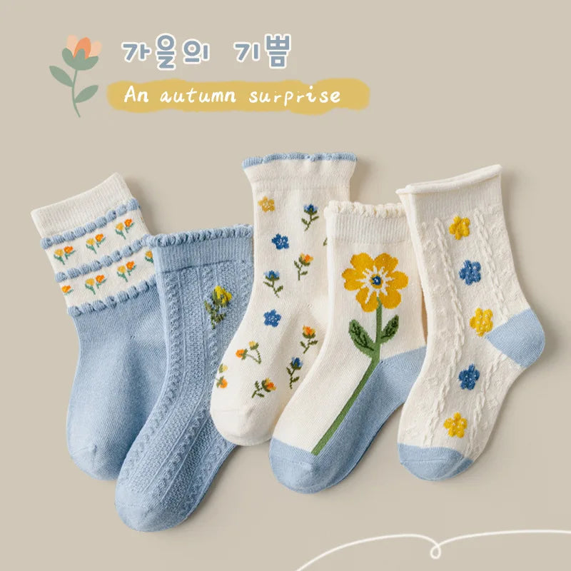 5 Pairs Autumn Socks Girls Yellow Floral Pattern Socks A Class Cotton Baby Socks Children Medium Socks Kids Socks