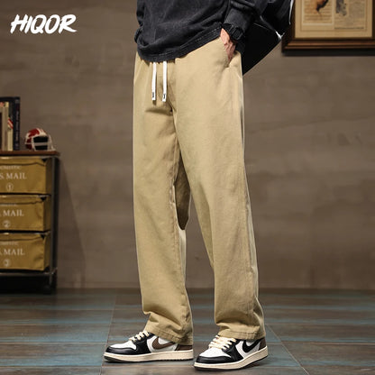 HIQOR Men Casual Pants Fashion Jogger Pant Loose Straight Wide Leg Trousers Cotton Vintage Cargo Pants Man Solid Streetwear Men