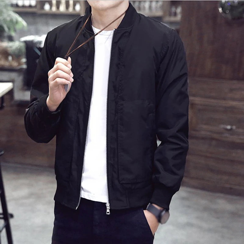 Fashion Zip Jacket Tops Slim Fit Solid Black Stand Collar Long Sleeve Casual Pilot Baseball Jackets Coat Male Clothing For Men