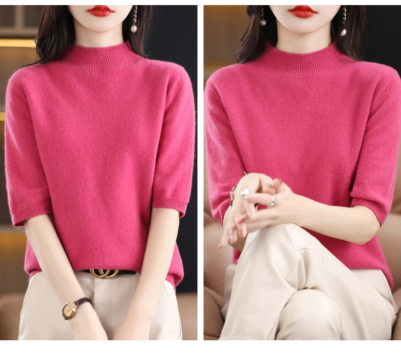 Fashion Half Short Sleeve 100% Merino Wool Sweater Basic Mock-Neck  Cashmere Women Knitted Top  Pullover Clothing Tops