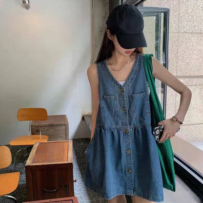 Biyaby Sleeveless Strap Dress Women 2023 Summer Single-Breasted Pockets Denim Dresses Woman Korean Style Loose A Line Mini Dress