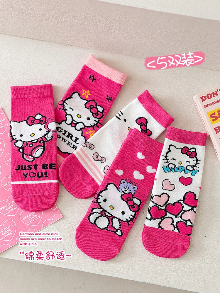 5 Pairs Sanrio Hello kitty Kids Socks Kawaii New Fall Cartoon Children mid-calf socks Cotton Sock for Girls Gifts