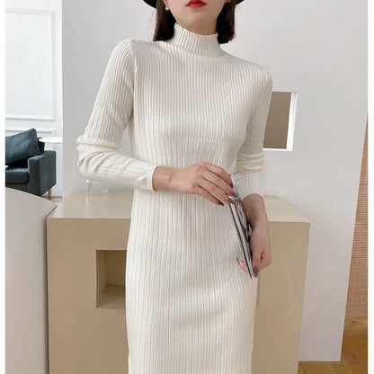 Autumn Winter New Fashion Long Sleeve Solid Half High Collar Sweaters Women's Clothing Loose All-match Knitting Trend Dresses