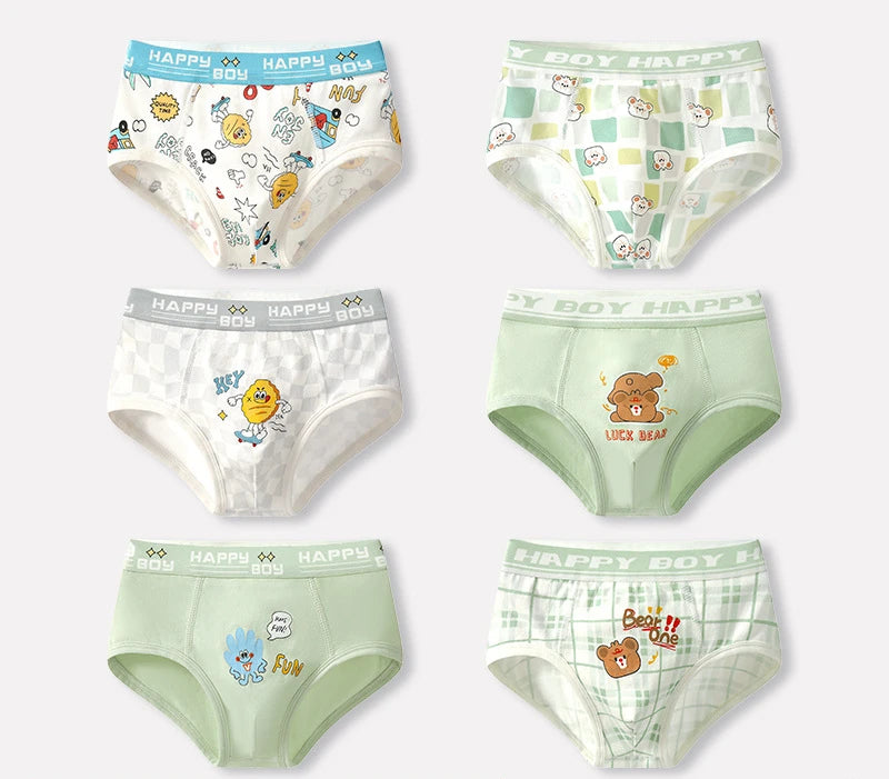 6PCS Kids Cotton Soft Antibacterial Briefs for Boy Thin Breathable Panties Cute Cartoon Print Knickers 3+y Young Child Underwear