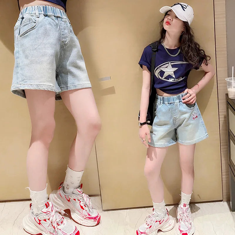 Teen Girls Denim Shorts New Summer Clothes New Arrivals Children's High Waist Fashion Turnup Shorts 5 7 9 11 12 13 14Years Old