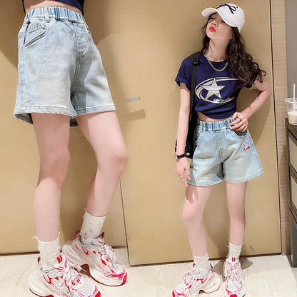 Teen Girls Denim Shorts New Summer Clothes New Arrivals Children's High Waist Fashion Turnup Shorts 5 7 9 11 12 13 14Years Old