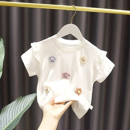 Summer Girls T-shirt New Children's Baby Cute Lace Short-sleeved Top Little Girl Cotton Bottoming Shirt