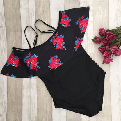 Sexy Sheer Bikini Swimwear Push-up Bathing Swimsuit Vintage Ruffle Monokini Off Printing Floral Bikini Bikini Woman Swimsuit