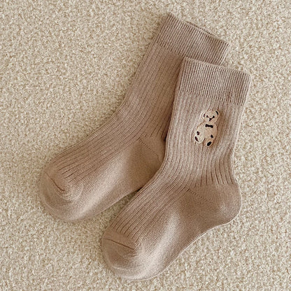 Autumn Winter Cotton Kids Socks Korean Retro Style Bear Embroidery Girls Boy Toddler Knitted Socks Warmth Tube Socks For 1-9 Yrs