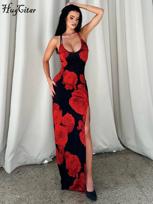 Hugcitar 2024 Elegant Square Collar Straps Floral Print Backless Slit Sexy Slim Maxi Dress Women Clothes Beach Party Festival