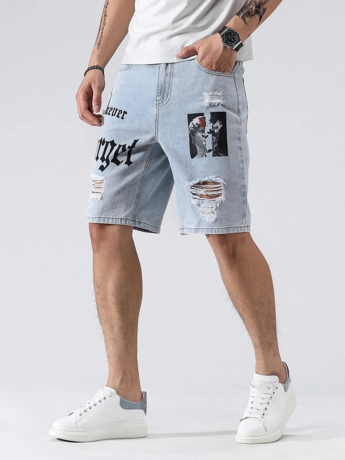 Men Summer Stretchy Denim Shorts Jeans For Men Streetwear Letter Ripped Knee length Baggy Comfort Cargo Casual Shorts Pants Jean