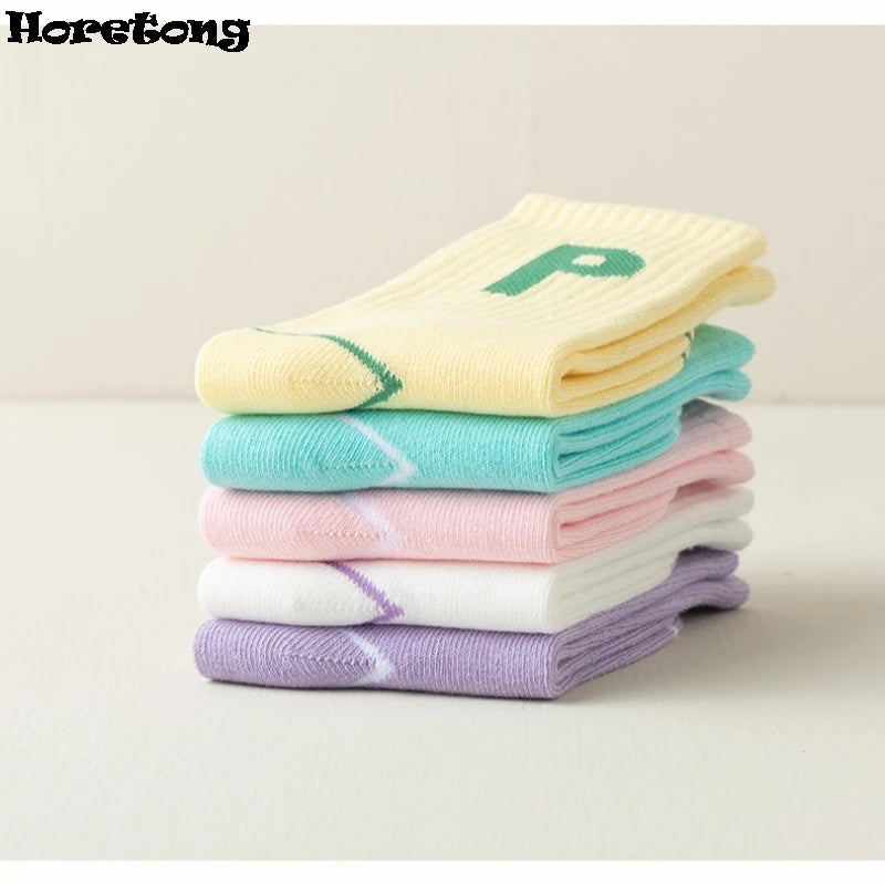 Horetong 5 Pairs/Lot Children's Fashion Letters For Girls Kids Autumn Comfortable Sports Casual School Cotton Middle Tube Socks