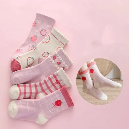 5 pairs of children's mid tube socks with spring and autumn love flower print for girls to keep warm. Children's mid tube socks