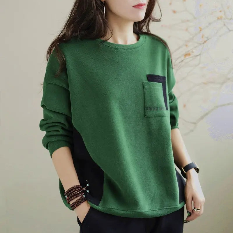 2023 Autumn and Winter New Korean Version Temperament Women's Clothing Fashion Splice Pockets Round Neck Long Sleeve Pullover