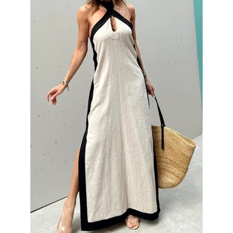 Summer Sexy Women's Dress New Style Cotton Linen Backless Halterneck Slit Vintage Boho Prom Dresses For Women Maxi Robe Femme