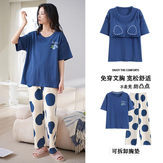 Newest Women Pajama Set With Chest Pad Summer 100%Cotton Short  Sleeve Sleepwear Pijama