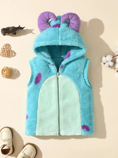 Baby Girl Fleece Hooded Vest with Cute Cartoon Design Warm Zip-Up Jacket for Toddler in Spring and Fall