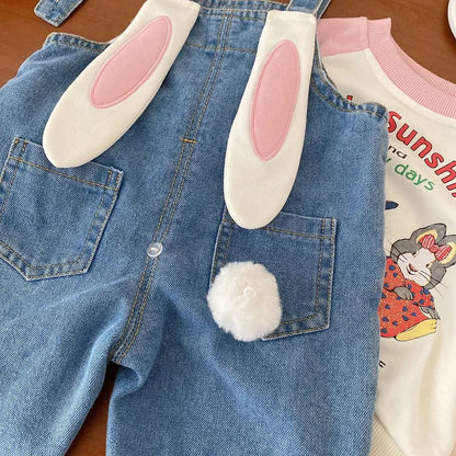 Cute Kids Girls Overalls 0-6Years Children Bunny Ear Ball Loose Denim Jumpsuit Suspender Pant Jeans Outwear Autumn Clothes