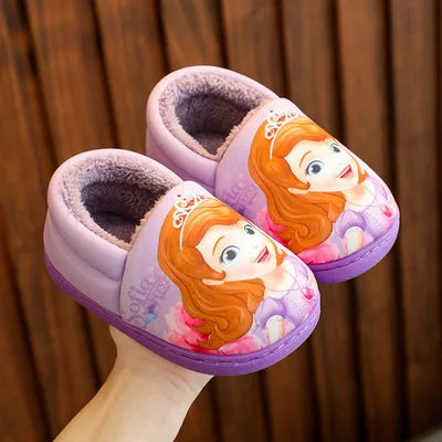 Disney Princess Sofia Elsa Winter Children's Cotton Slippers Girl's Parent-child Snow Non Slip Warm Baby Slippers Size 24-39