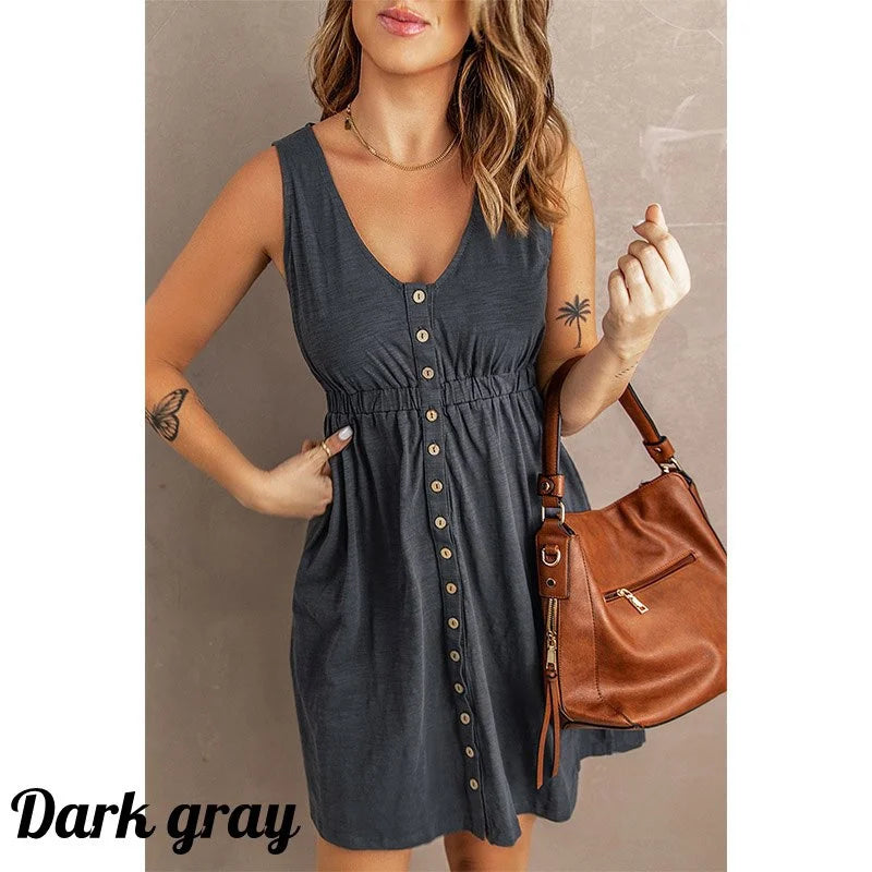 Womens Summer Sleeveless Dress Button Down Elastic Waist Swing Loose Plain Short Dresses Casual Tank Tops Dresses Plus Size