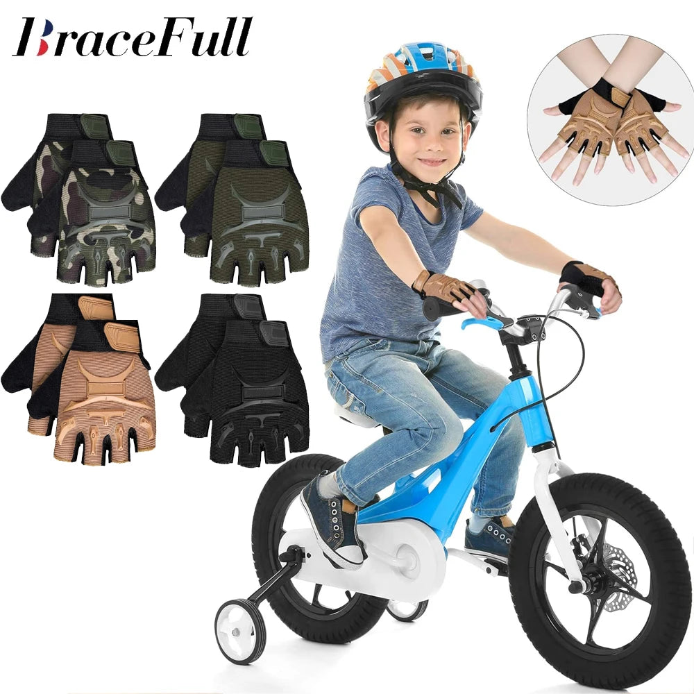 1Pair Kids Half Finger Cycling Gloves Non-Slip Fingerless Adjustable Mitten Shock-Absorbing Gloves for Boys Girls Fishing Biking