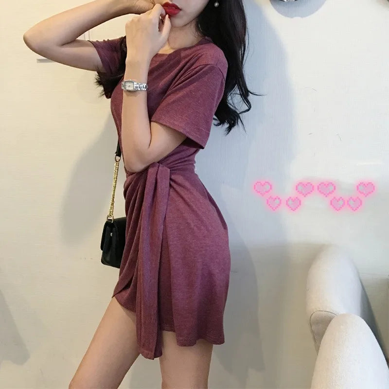 Summer Women Solid Color Dress Short Sleeve Mini Causal Dresses O-Neck Basic Bodycon Dresses