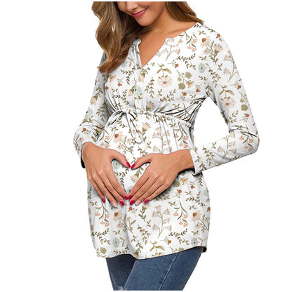 Women's Spring Autumn Long-sleeved V-neck cotton Maternity Dress Comfortable  Breathable Printed Nursing Top lactation Dress