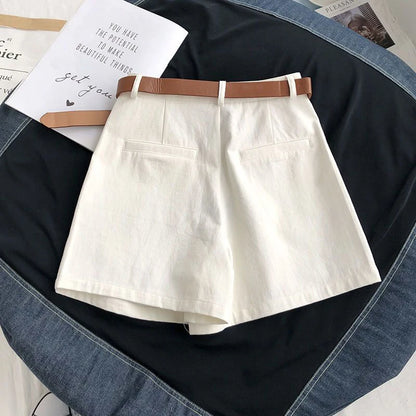 Elegant Belt Shorts Women Fashion White Wide Leg Suit Shorts Summer Ladies Korean High Waist Baggy All Match A Line Short Pants