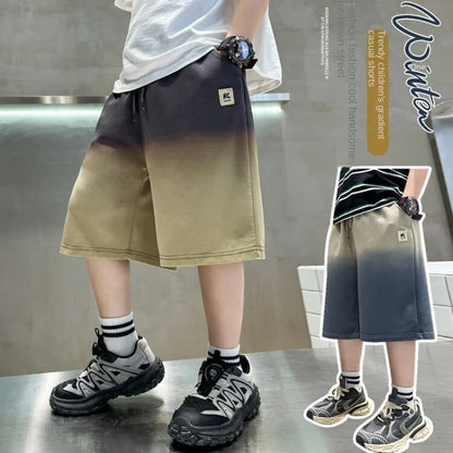 Summer Boys Loose Straight Casual Shorts Fashion Gradient Cotton Wide Leg Fifth Pants Kids Clothing Everyday Joker Pants 6-15y