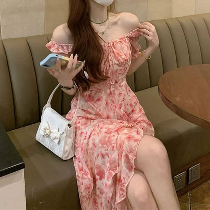 Fashion Women Floral Print Ruffles Split Dress Summer Casual Short Sleeve Dresses French Style Elegant Dress Female Clothes