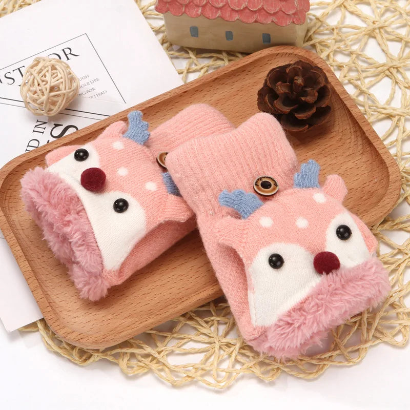 4-12 Years Children Gloves Winter Girls Knitted Half Finger Flip Gloves Plush Thick Warm Cartoon Boy Christmas Deer Kids Mittens