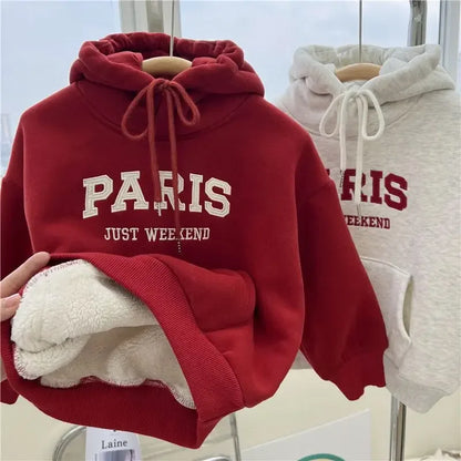 Winter Kids Fleece Thicken Hoodie Boys Long Sleeve Hooded Sweatshirts 2+y Young Children Clothing Autumn Girls Warm Letter Hoody