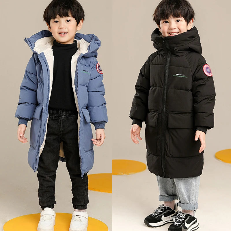 2-10 Years Autumn Winter Boys Jacket Solid Color Long Style Keep Warm Hooded Coat For Kids Children Birthday Present