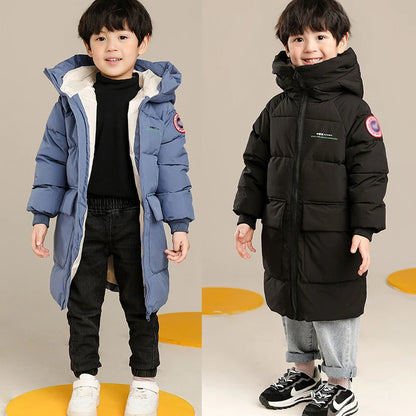 2-10 Years Autumn Winter Boys Jacket Solid Color Long Style Keep Warm Hooded Coat For Kids Children Birthday Present