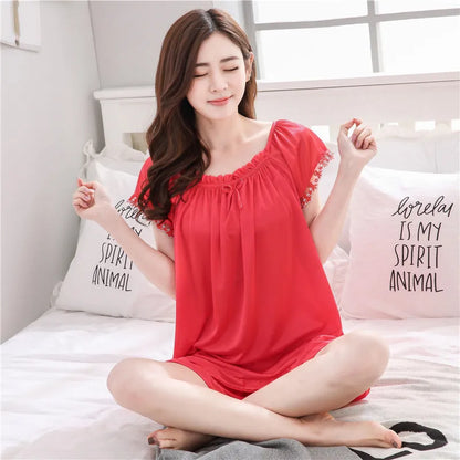 Women Summer Two Pieces Short Sleeve Pajamas Sets Big Size Thin Silk With Bow Solid Loungewear Cute Sweet Loose Soft Homewear