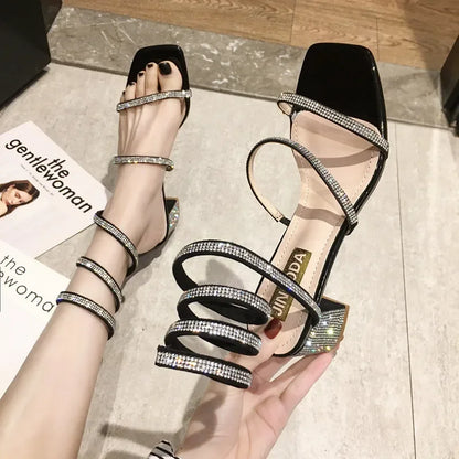 Women's Shoes With Straps Roman Style 2024 Beige High Heels Navy Blue Pumps Sandals Ladies Buckle Low Crystal Latest  Summer