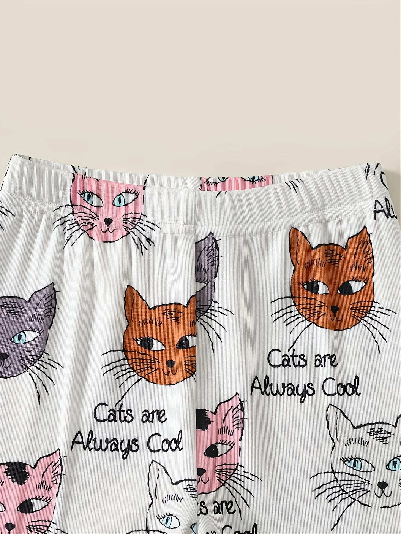 Girls' Two Piece Spring and Autumn Cute Cat Head Full Print Color Contrast Long Sleeve Pants Tight Sleepwear Home Suit Set