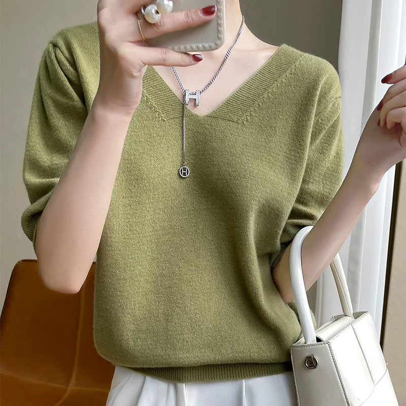 2022Spring Sweater 100%Wool Short Sleeve Women New T-Shirt Double V-Neck Pullovers Thin Vest Loose Cashmere Knit Tops Base Shirt