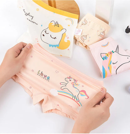 4PCS Girls Cute Unicorn Print Panties Kid Cotton Soft Antibacterial Knickers 2+y Young Children Underwear Thin Breathable Briefs