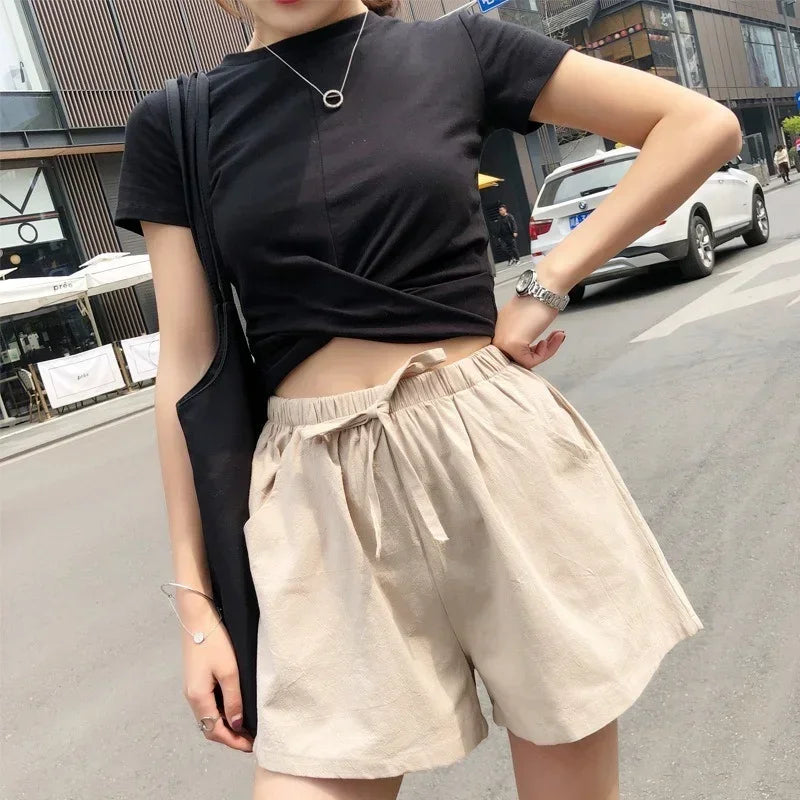 Cotton Linen Shorts Women's Sports Shorts Summer Solid High Waist Black Shorts Women Fashion Plus Size Casual Basic Short Pants