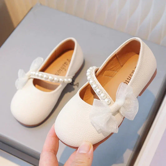 New Girl Princess Leather Shoes Chic Versatile Soft Elegant Fashion Lace Bowknot Beading Kid Loafers Wedding Slip-on Mary Janes