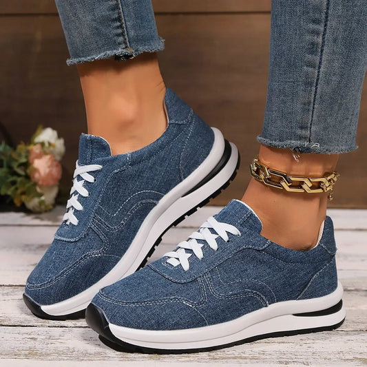 Blue Denim Platform Sneakers Women Fashion Thick Sole Lace Up Sports Shoes Woman Plus Size 43 Comfortable Casual Female Sneakers