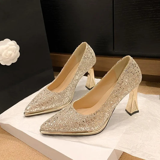 Women High Heels Pumps Lady Stiletto Wedding Bridal Gold Silver Heels Nightclub Office Party Sparkly Sequins Bling Women Sandals