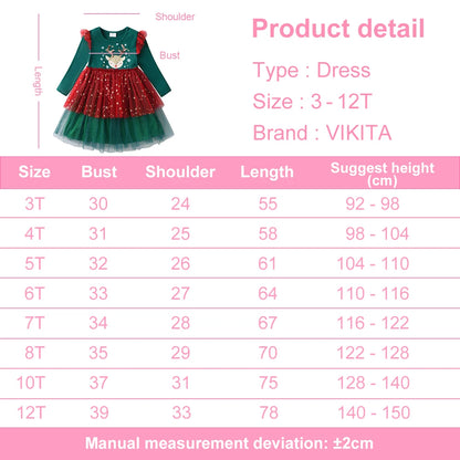 VIKITA Girls Christmas New Year Dresses Kids Elk Snowflakes Print Long Sleeve Autumn Winter Princess Cute Fashion Dress 3-12 Yrs