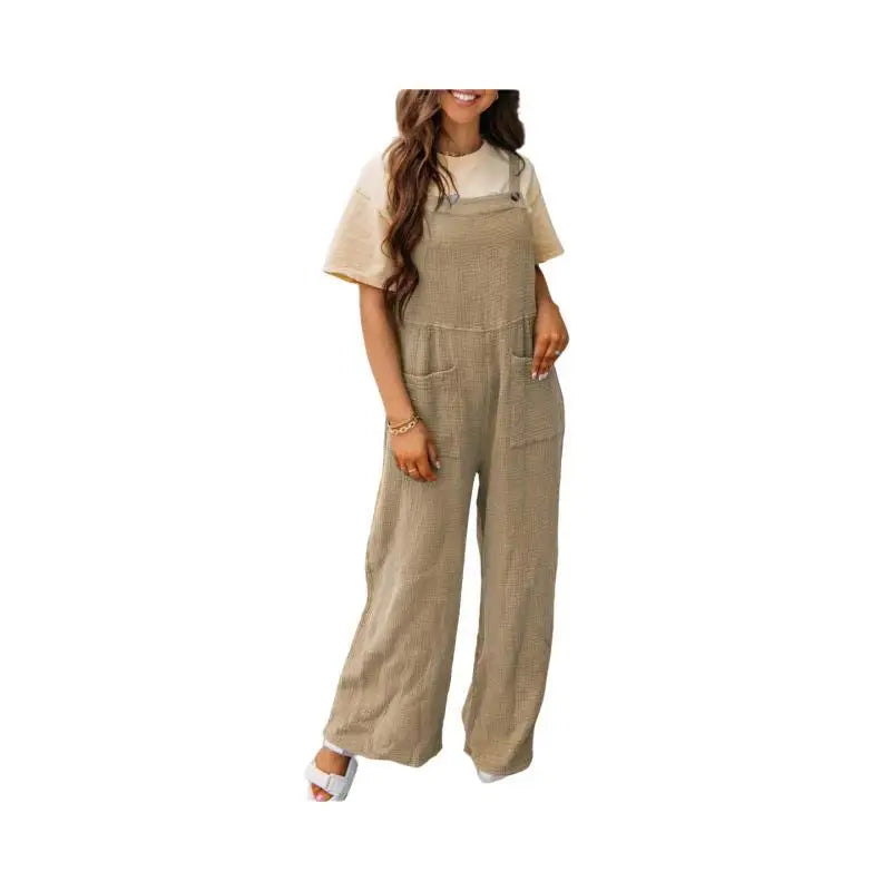 Summer New Women's Casual Solid Color Pocket Square Collar Loose Overalls Jumpsuit Y2k Clothes 2000s Woman Trousers Womens Kpop